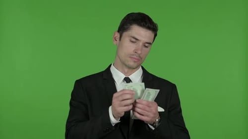 Greedy Businessman Counting Money and Asking for More Chroma Key