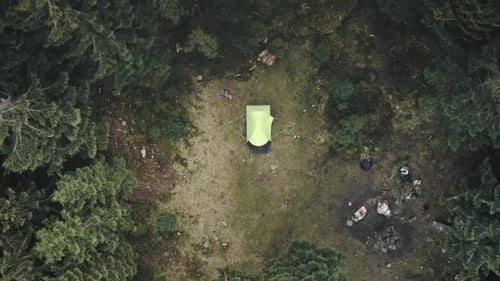 Closeup Top Down Tent Camp at Mountain Aerial