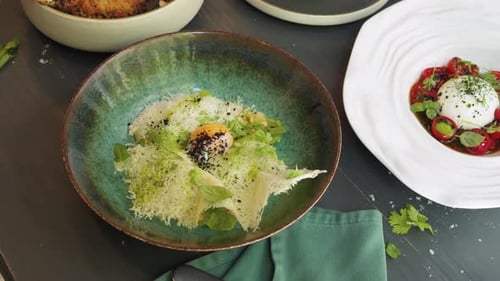 Set Table with Gourmet High Kitchen Dinner Plates and Dishes at the Restaurant