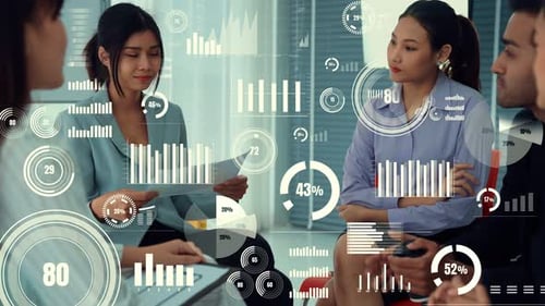 Young Adults Collaborating in Modern Workplace with Data Overlays