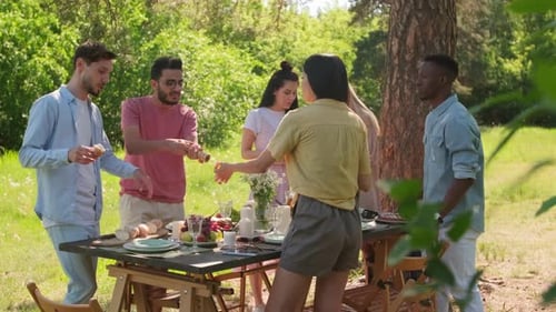 Friends Enjoying Picnic in Sunny Outdoor Setting