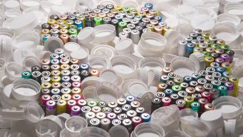Batteries and Bottle Caps Forming a Recycling Symbol