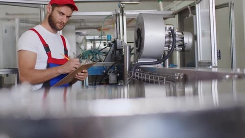 Jeune homme d'usine en uniforme prenant des notes sur le presse-papiers à l'usine de production d'eau