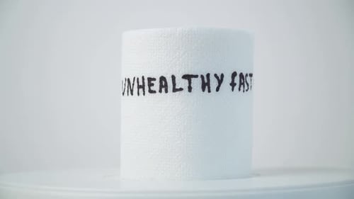 Toilet Paper with Text Unhealthy Fast Food in Wc. Concept of Personal Hygiene. Fast Food Concept