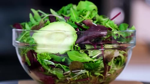 Fresh Salad Bowl with Avocado, Close Up Shot