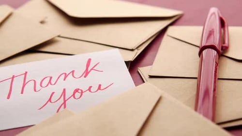 Envelopes, Card, and Pen on Pink Surface