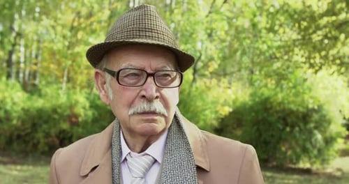 Portrait of Thoughtful Senior Man Looks at Point in Sunny Park