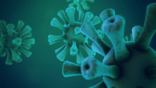 Multiple vruses floating in fluid. Influenza, rotavirus, HIV infection.