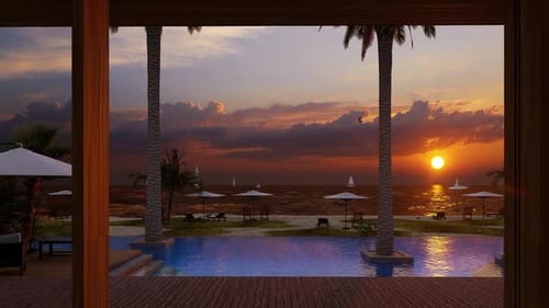 Tropical Beach Sunset View with Resort Pool Reveal