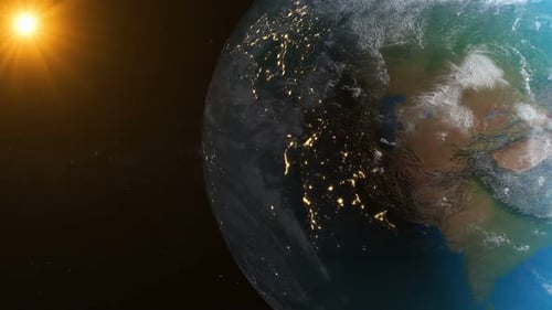Realistic 3D Earth Rotation with Sun and City Lights
