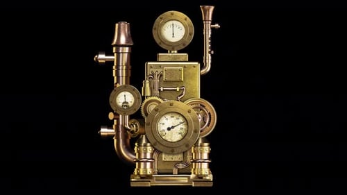 Animated Steampunk Clockwork Machine with Moving Gears and Gauges