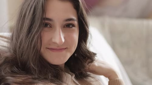 Smiling Brunette Woman Face Close Up Portrait Indoors