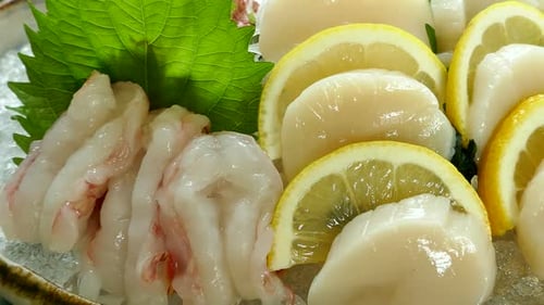 Fresh Sashimi Plate with Shrimp, Scallops, and Lemon