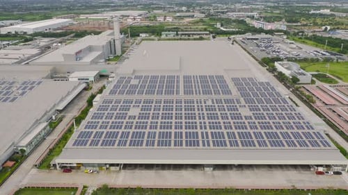 Aerial view of solar panels or solar cells on the roof in farm. Power plant