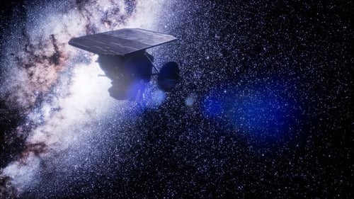 Futuristic Satellite Flying Through Space and Milky Way