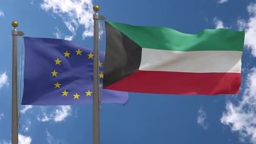 European Union and Kuwait Flags Waving in Wind