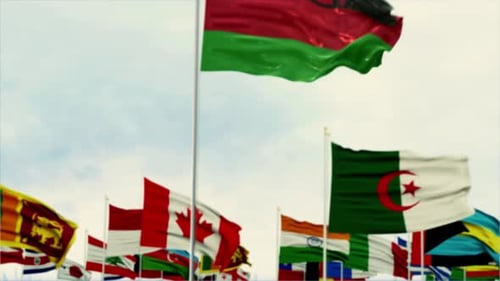 Realistic Waving Malawi Flag with International Flags in Background