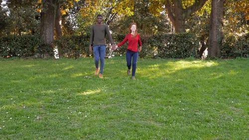 Happy young interracial couple holding hands and walking in the park-slow motion