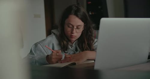 Student Studying at Desk With Laptop and Notebook
