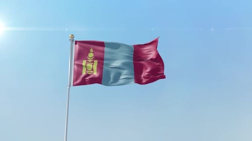 Mongolian Flag Waving in Clear Blue Sky