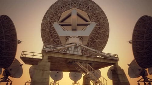 A walk near satellite dishes circular array in infinite space. Loopable. HD