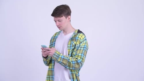 Handsome Young Adult Using Phone, Smiling Idea