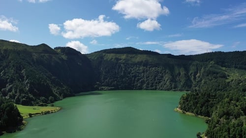 A picturesque lake in the crater of the volcano. Azores.