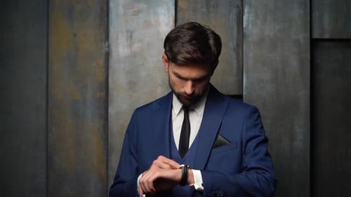 Young Handsome Stylish Businessman, 4x Slow Motion, Looking at Watch