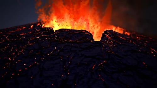 Active volcano eruption. Volcanic crater throws away glowy orange fireballs
