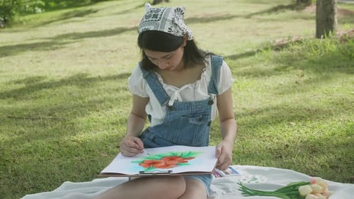 Young asian woman sitting drawing picture with colorful paint brush while leisure in the park.