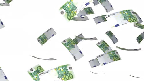 100 Euro bills falling down. Banknotes isolated on white background.