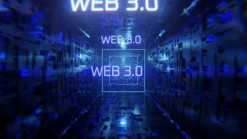 Mouvement de la caméra le long du tunnel technologique avec inscriptions Web 3