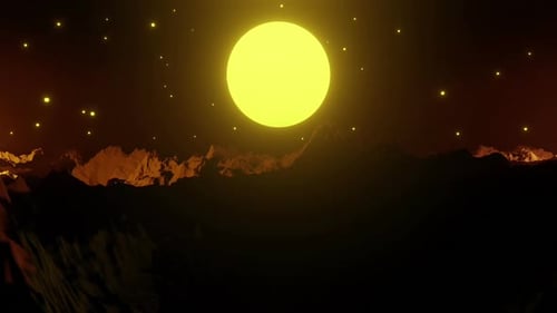 Futuristic Alien Landscape with Glowing Sun and Starry Sky