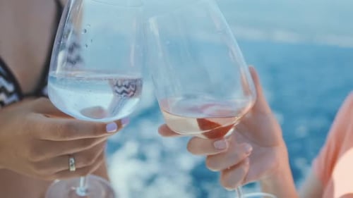 Friends raising wine glasses outdoors. Two woman Toasting and drinking champagne. Slow motion.