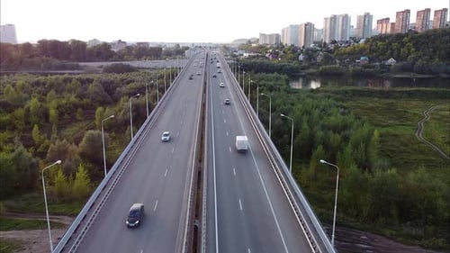 Cars Driving on the Highway Highway Bridge Bird's Eye View