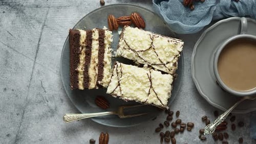 Overhead Shot of Cake, Coffee, and Pecans