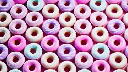 Rosquinhas vitrificadas em tons pastel e coloridos. Animação em loop perfeita. Sobremesa doce.