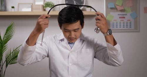 Smiling Doctor Puts On Stethoscope in Office