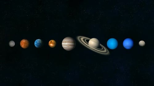 Animated Solar System Planets Aligned and Rotating in Space