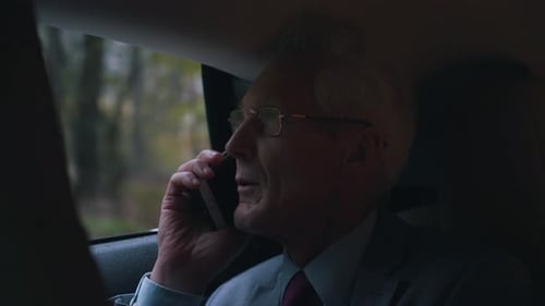 Man in Suit Talking on the Phone in Car