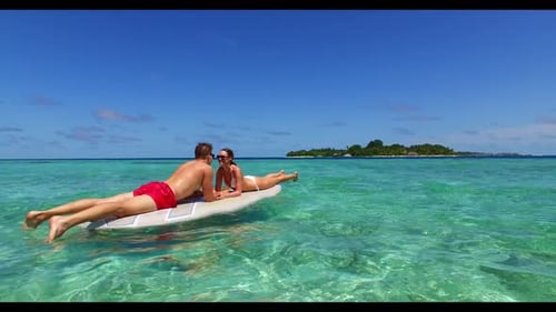Guy and girl tan on luxury bay beach wildlife by blue green sea with white sand background of the Ma