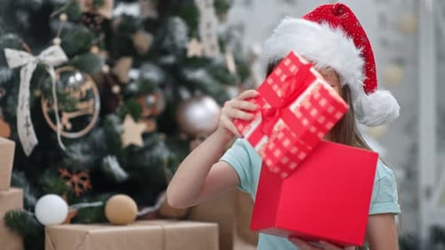 Excited Child Opens Christmas Present by Tree