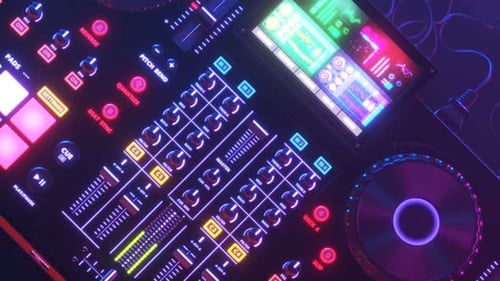 DJ Set in an endless looping animation. Electro music equipment in a club lights