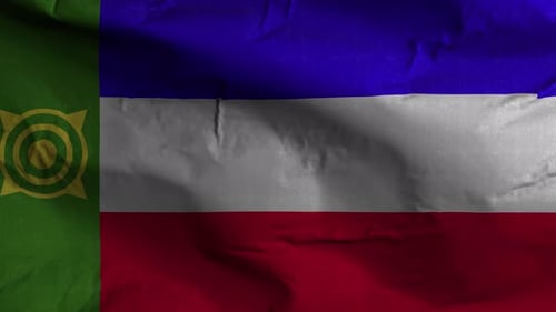 Fabric Flag Waving Background with Green Stripe and Emblem