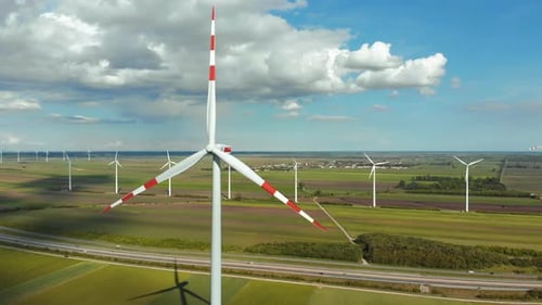 Aerial View of Wind Turbines Farm in Field. Austria. Drone View on Energy Production