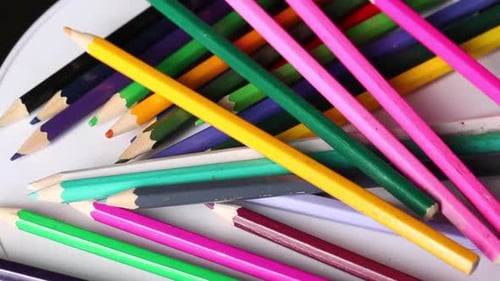 Colored Pencils For Drawing. The Surface With Pencils Rotates. Close Up
