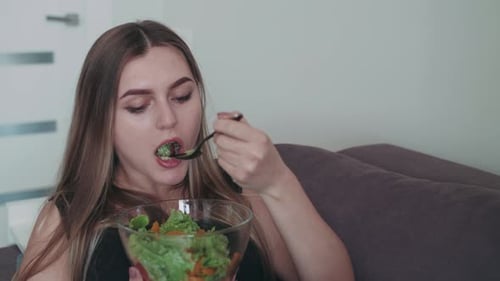 Pregnant Woman Relaxing on Sofa and Eating Vegetable Salad