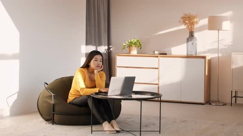 Woman Works on Laptop in Sunlit Modern Home