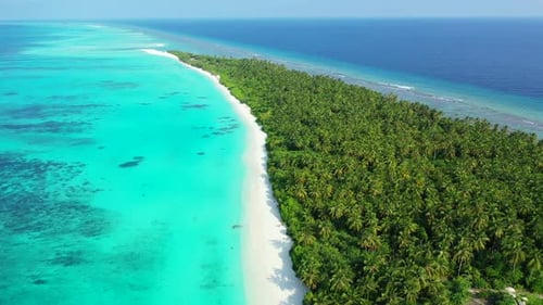 Luxury birds eye island view of a sunshine white sandy paradise beach and aqua blue water background