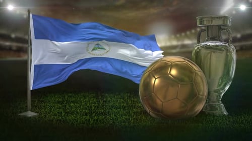 Nicaragua Flag Waving with Golden Soccer Ball and Silver Trophy